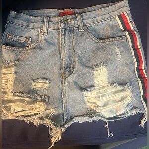 Signatures ripped jean shorts with red white and blue detail